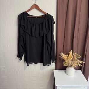 1 State Blouse Size 2X Black Sheer Layered Long Sleeve Embroidered Ruffle Neck